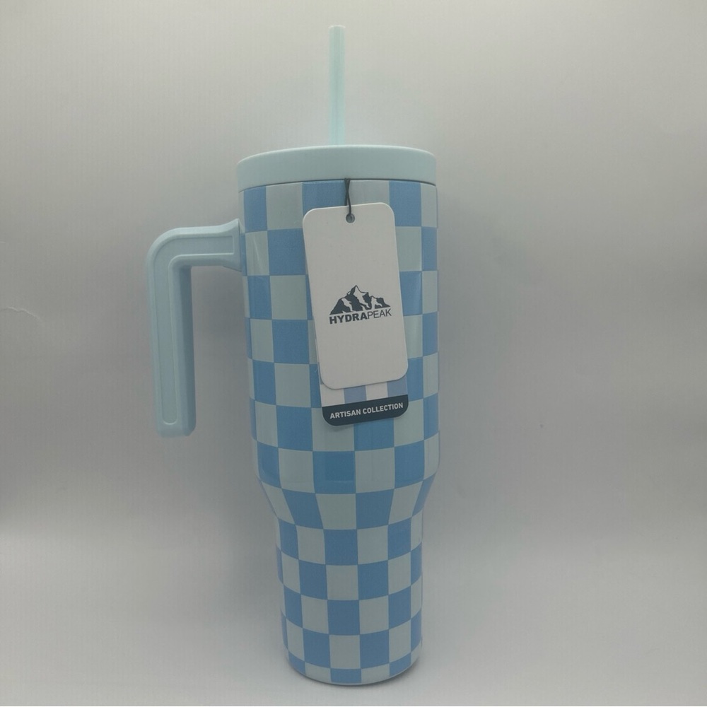 Hydrapeak Artisan Collection 40oz Tumbler Blue Checkered Insulated Handle Straw